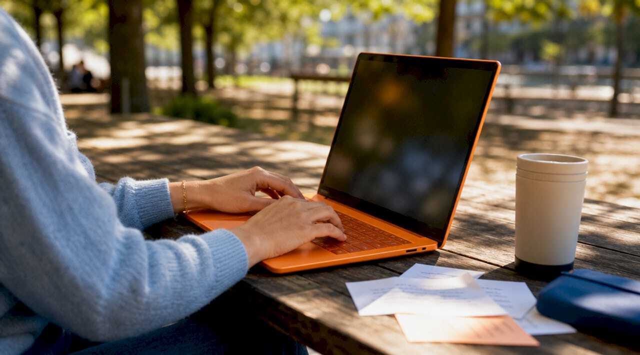 Hands typing on laptop with coffee and review printouts