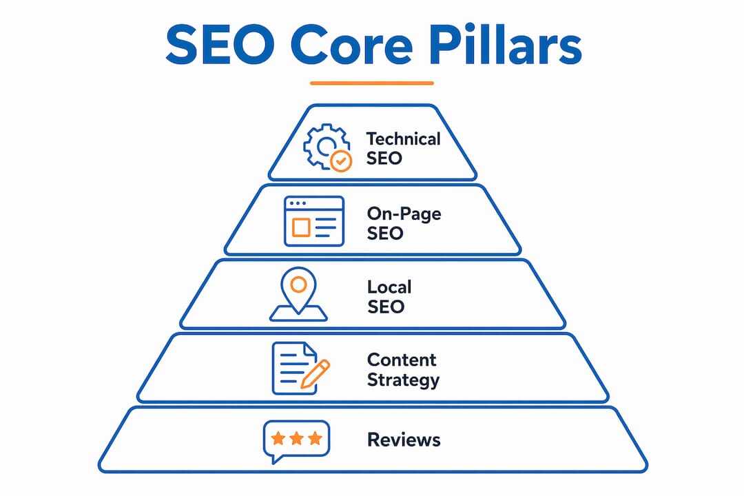 Infographic illustrating core pillars of small business SEO
