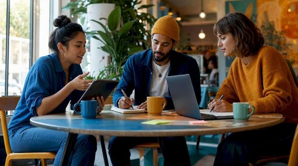Marketers collaborating on digital content storyboard
