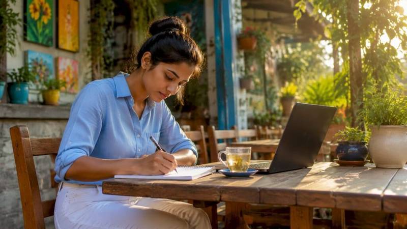 Woman developing content marketing strategy at desk