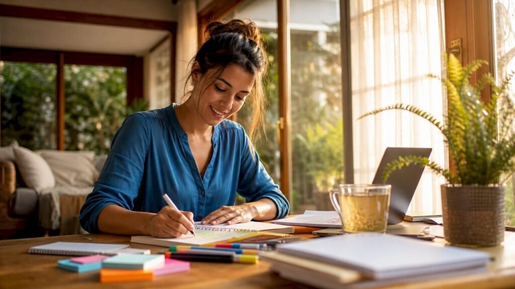 Marketer brainstorming content ideas at desk