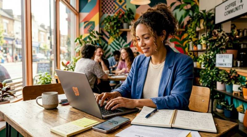 Small business owner working on marketing tasks