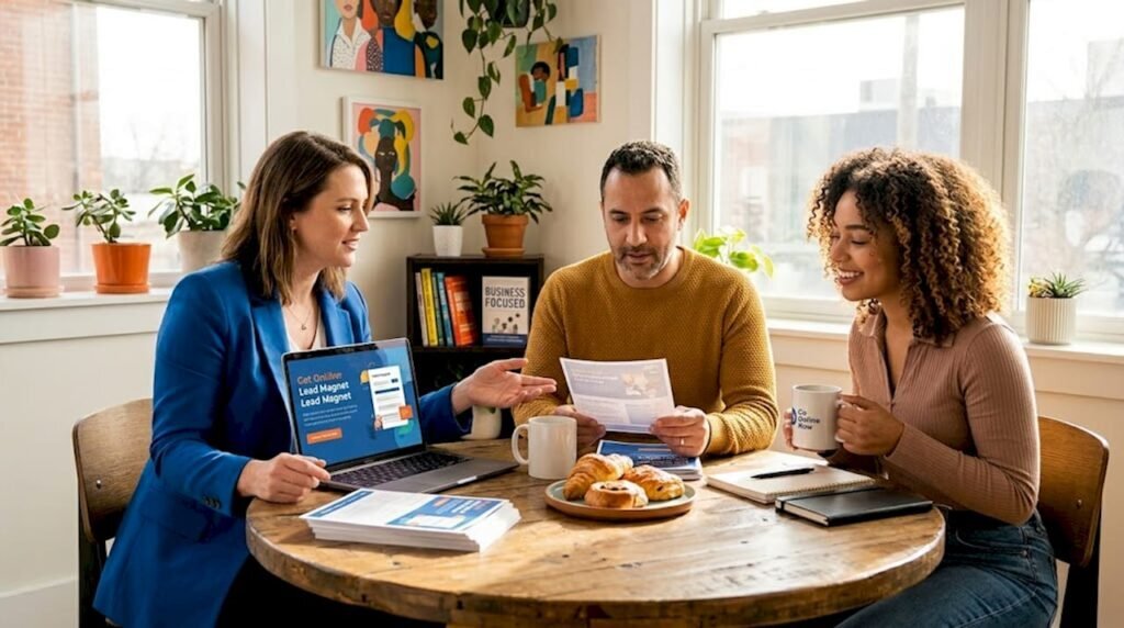 Small business owners collaborate on lead ideas