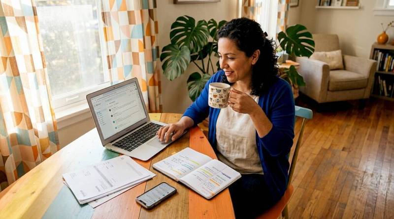 Small business owner checking laptop emails at home