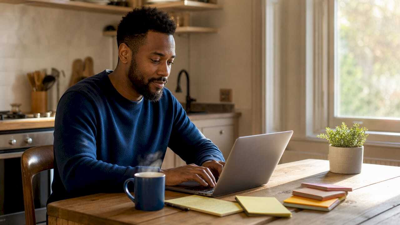 Man typing digital marketing content at home office