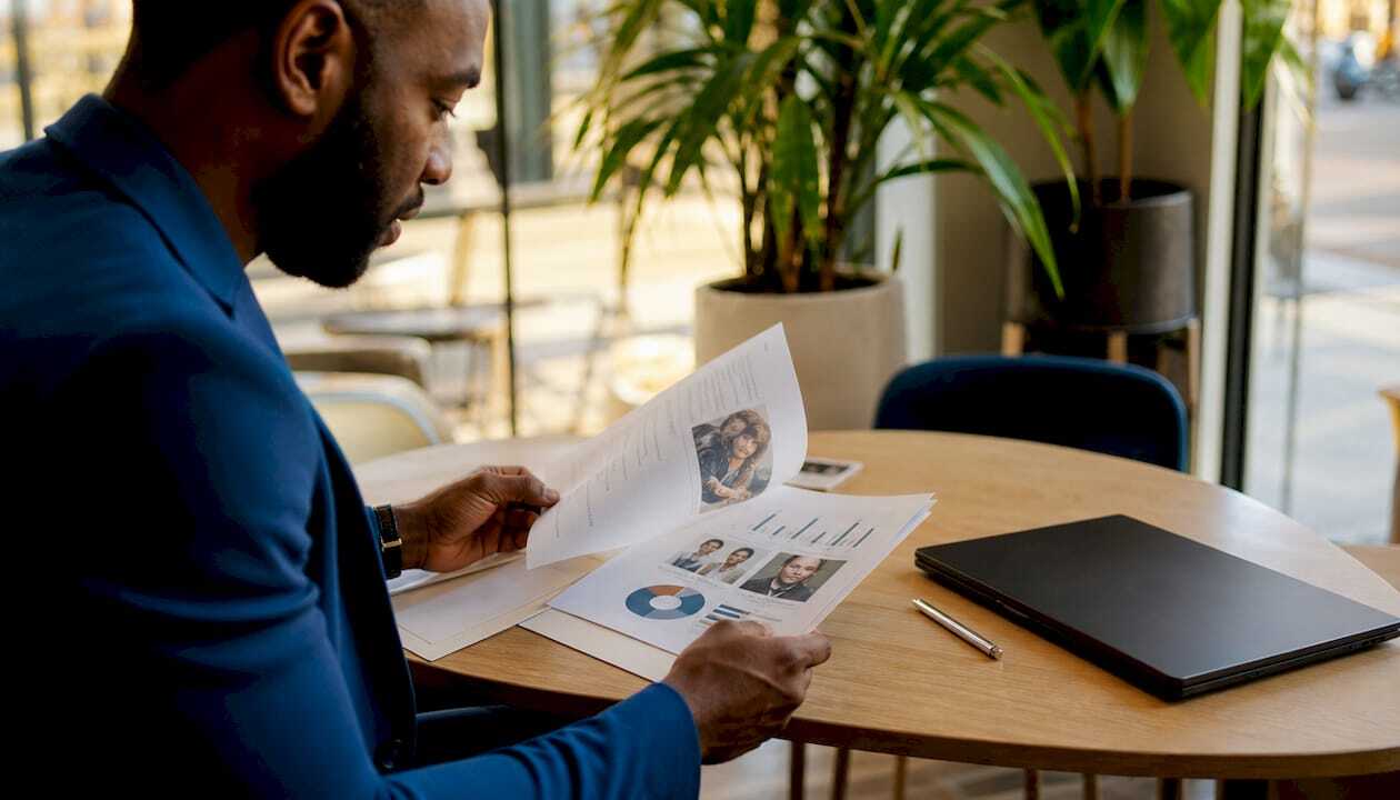 Hands reviewing influencer media kits and analytics