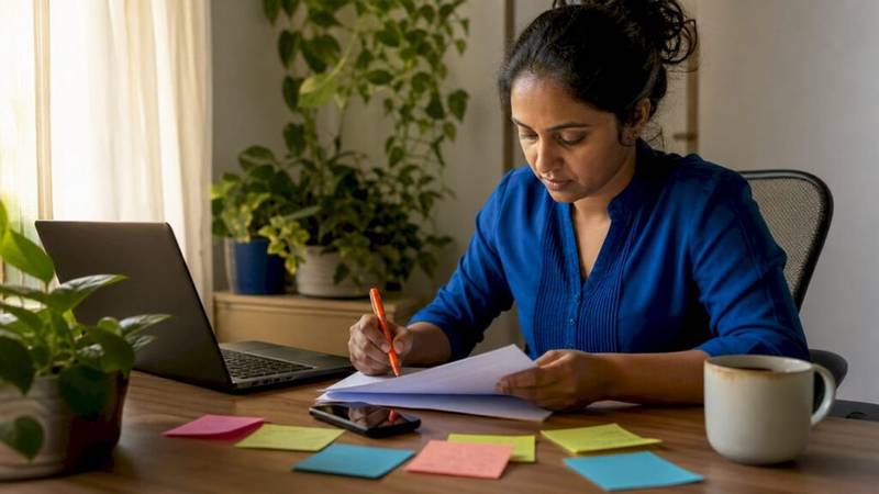 Woman reviewing customer feedback in office