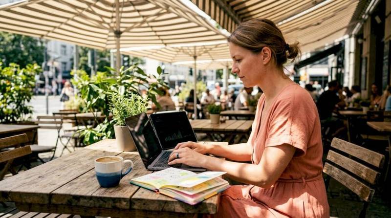 Businesswoman focused on digital marketing strategies at laptop