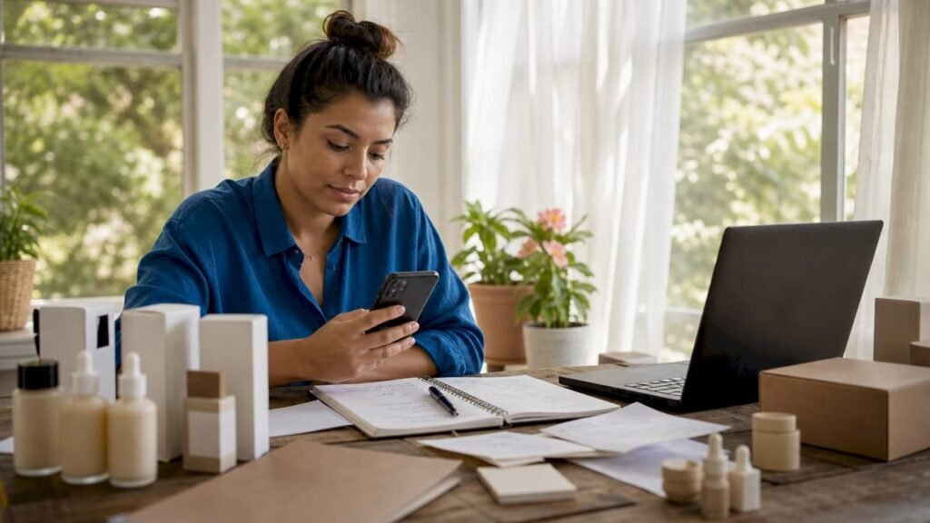 Small business owner checking influencer content on phone