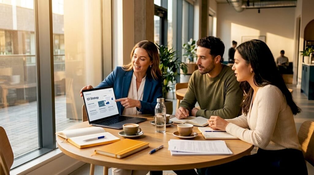 Small business team reviewing digital marketing presentation