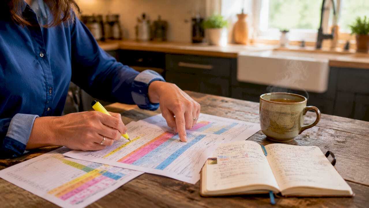 Hands checking printed marketing tracking sheets on desk