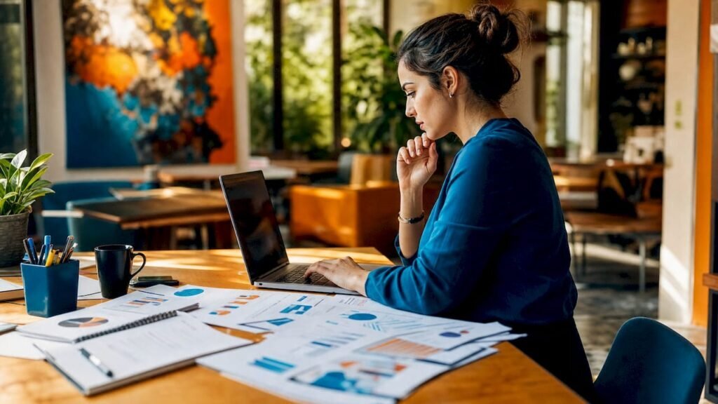 Digital marketing executive working at laptop in office