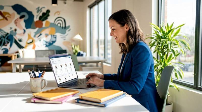 Business owner reviewing CRM workflow